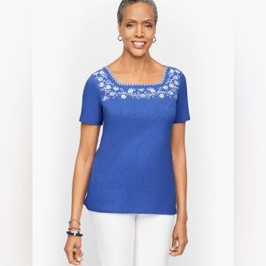 Elegant Blue Women's Tee with Floral Embroidery
